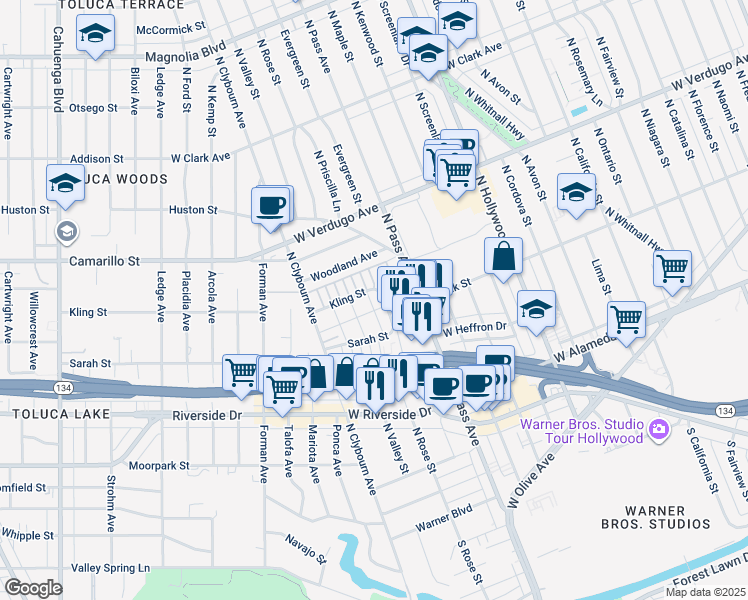 map of restaurants, bars, coffee shops, grocery stores, and more near 4118 West Kling Street in Burbank
