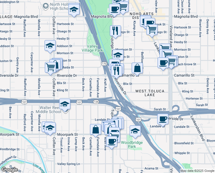 map of restaurants, bars, coffee shops, grocery stores, and more near 4714 Kraft Avenue in Los Angeles