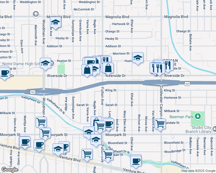 map of restaurants, bars, coffee shops, grocery stores, and more near 4717 Longridge Avenue in Los Angeles