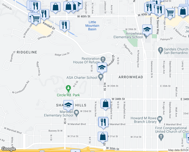 map of restaurants, bars, coffee shops, grocery stores, and more near 577 West 36th Street in San Bernardino