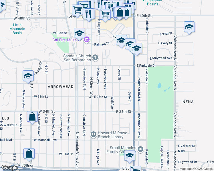 map of restaurants, bars, coffee shops, grocery stores, and more near 3587 Sepulveda Avenue in San Bernardino