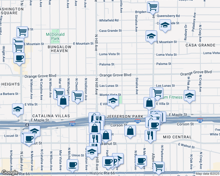 map of restaurants, bars, coffee shops, grocery stores, and more near 1496 Las Lunas Street in Pasadena