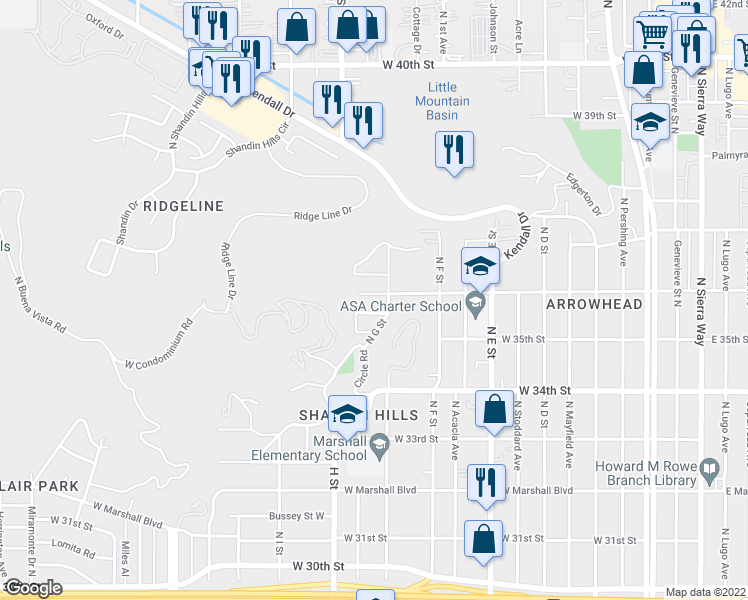 map of restaurants, bars, coffee shops, grocery stores, and more near 725 West 36th Street in San Bernardino