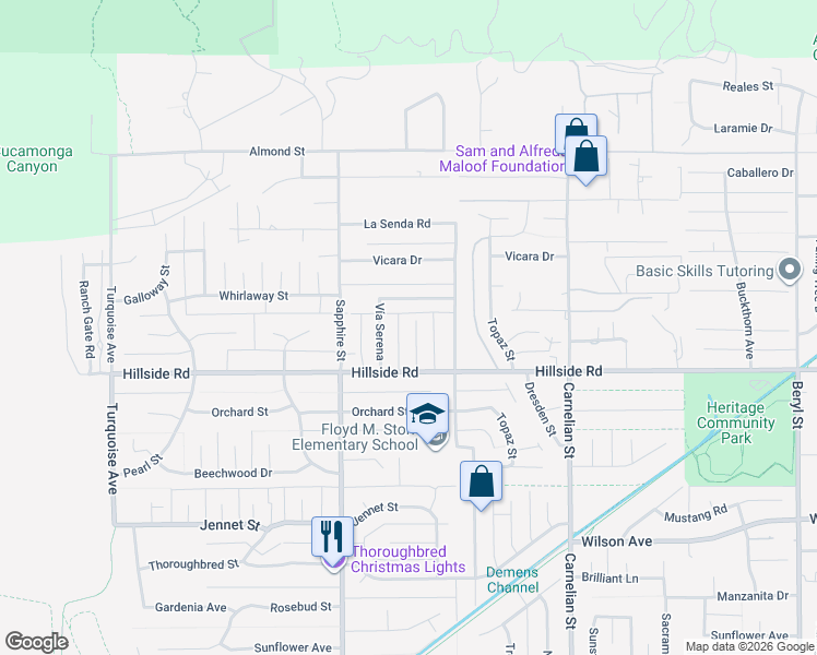 map of restaurants, bars, coffee shops, grocery stores, and more near 5432 Sard Street in Rancho Cucamonga