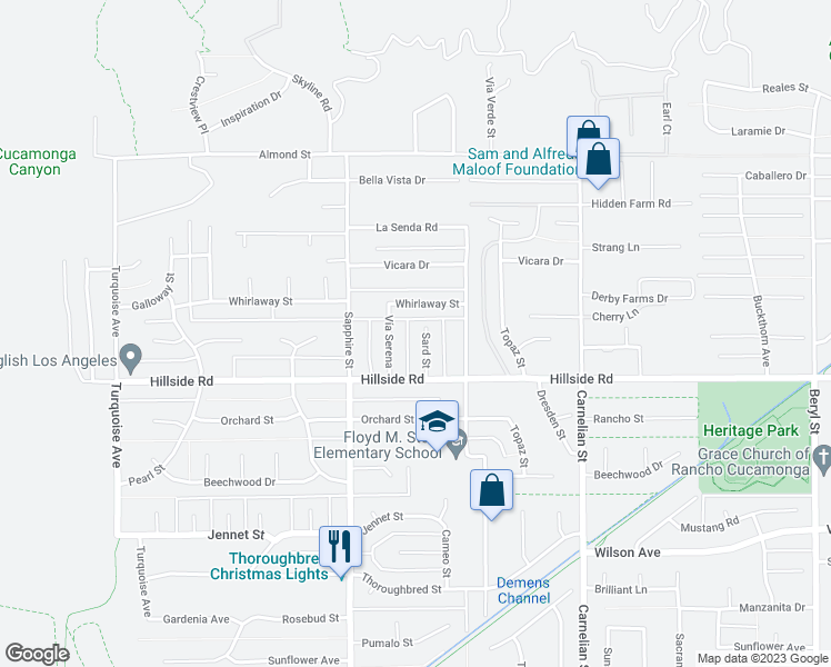 map of restaurants, bars, coffee shops, grocery stores, and more near 5432 Sard Street in Rancho Cucamonga