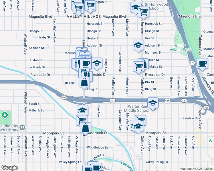 map of restaurants, bars, coffee shops, grocery stores, and more near 11925 Kling Street in Los Angeles