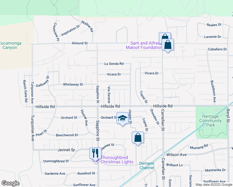 map of restaurants, bars, coffee shops, grocery stores, and more near 5406 Sard Street in Rancho Cucamonga