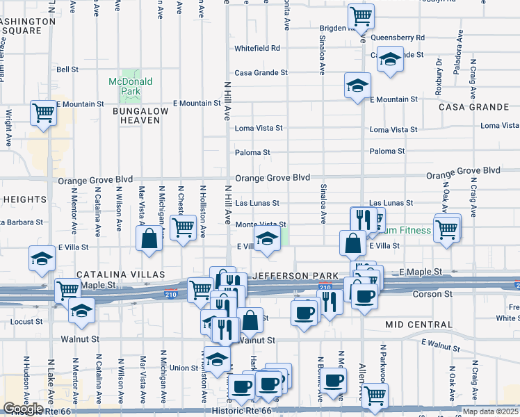 map of restaurants, bars, coffee shops, grocery stores, and more near 1496 Las Lunas Street in Pasadena