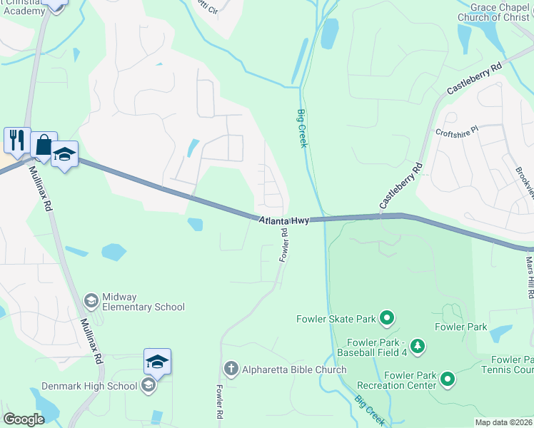 map of restaurants, bars, coffee shops, grocery stores, and more near 4585 Flycatcher Drive in Alpharetta