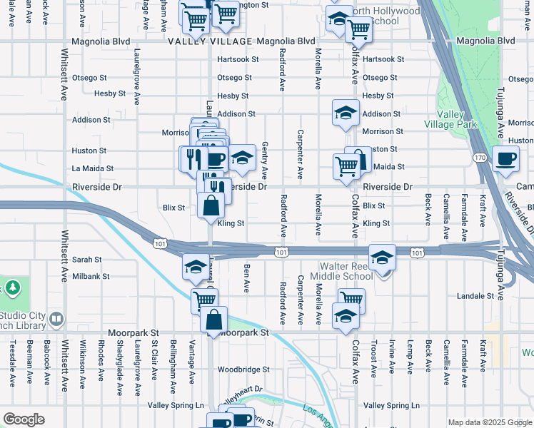 map of restaurants, bars, coffee shops, grocery stores, and more near 11925 Kling Street in Los Angeles
