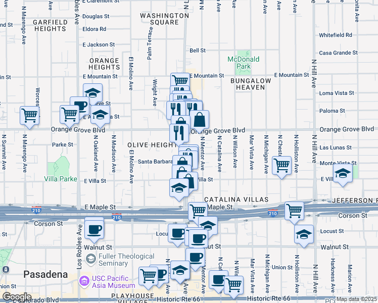 map of restaurants, bars, coffee shops, grocery stores, and more near 615 North Lake Avenue in Pasadena