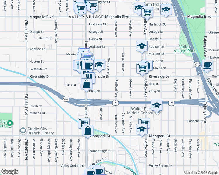 map of restaurants, bars, coffee shops, grocery stores, and more near 11925 Kling Street in Los Angeles