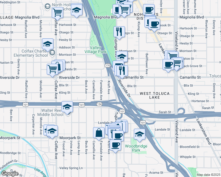 map of restaurants, bars, coffee shops, grocery stores, and more near 4714 Kraft Avenue in Los Angeles