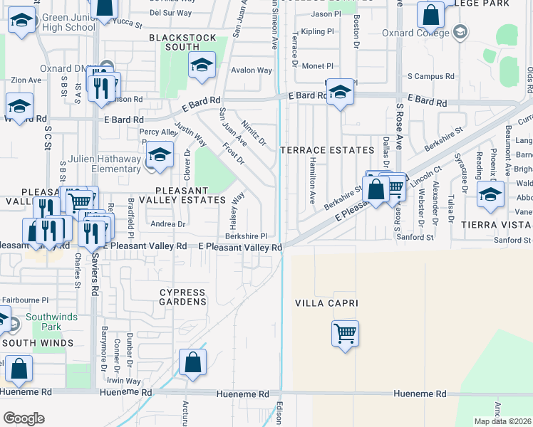 map of restaurants, bars, coffee shops, grocery stores, and more near 4910 Justin Way in Oxnard