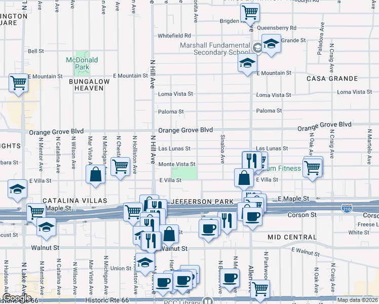 map of restaurants, bars, coffee shops, grocery stores, and more near 1516 Las Lunas Street in Pasadena