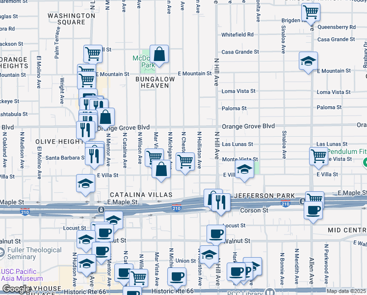 map of restaurants, bars, coffee shops, grocery stores, and more near 612 North Michigan Avenue in Pasadena