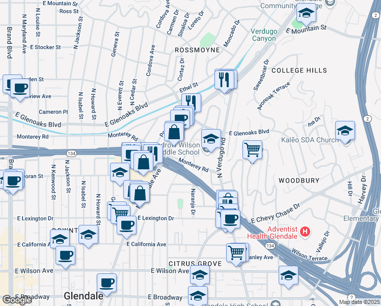 map of restaurants, bars, coffee shops, grocery stores, and more near 719 North Adams Street in Glendale