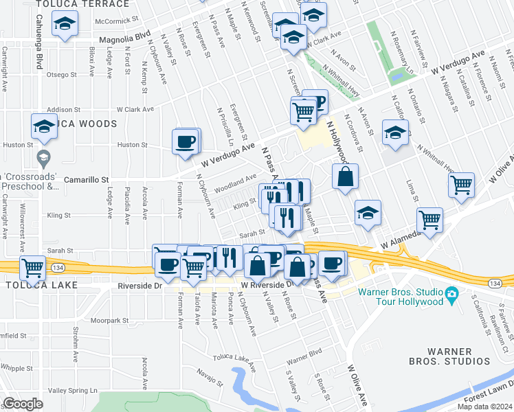 map of restaurants, bars, coffee shops, grocery stores, and more near 4210 West Kling Street in Burbank
