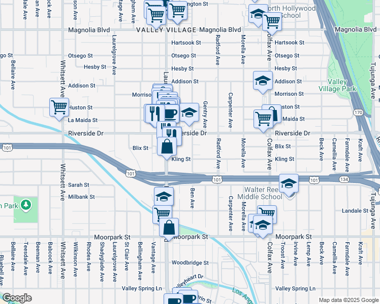 map of restaurants, bars, coffee shops, grocery stores, and more near 12021 Kling Street in Los Angeles