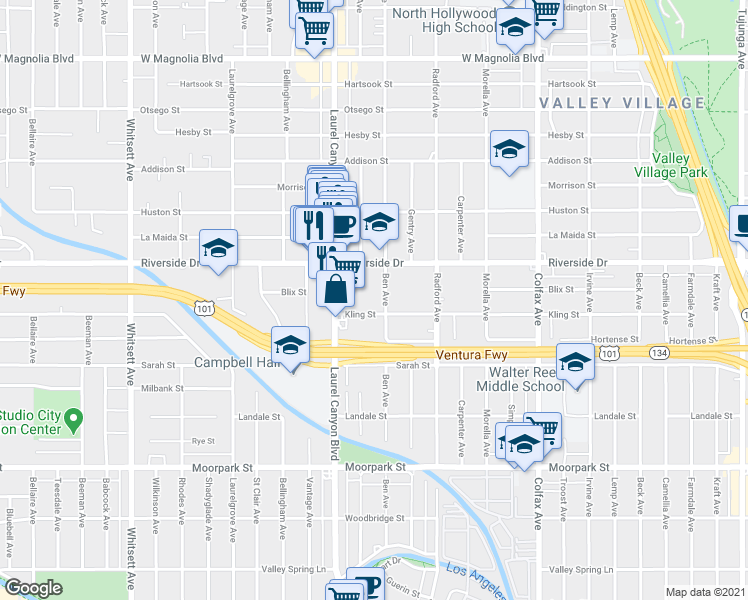 map of restaurants, bars, coffee shops, grocery stores, and more near 12021 Kling Street in Los Angeles