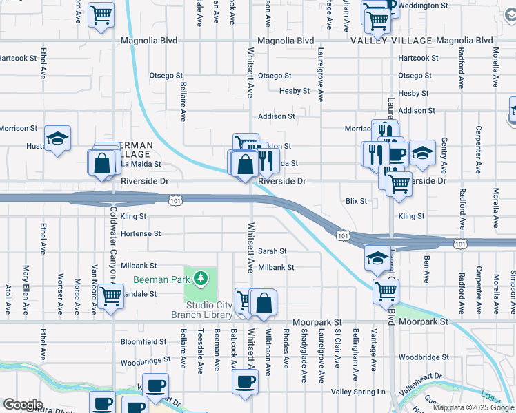 map of restaurants, bars, coffee shops, grocery stores, and more near 4718 Whitsett Avenue in Los Angeles