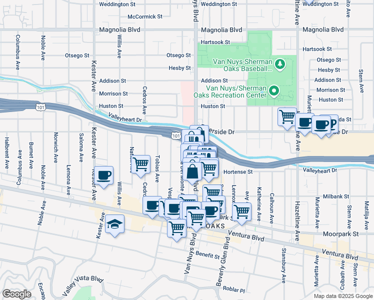 map of restaurants, bars, coffee shops, grocery stores, and more near 4717 Van Nuys Boulevard in Los Angeles