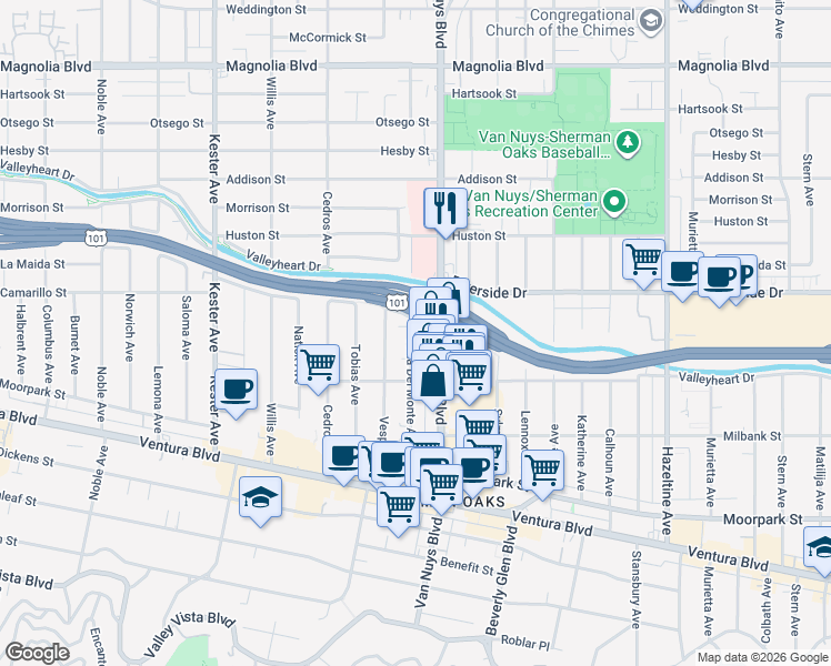 map of restaurants, bars, coffee shops, grocery stores, and more near 4717 Van Nuys Boulevard in Los Angeles