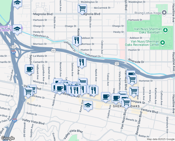 map of restaurants, bars, coffee shops, grocery stores, and more near 4724 Kester Avenue in Los Angeles