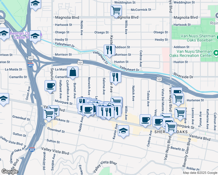 map of restaurants, bars, coffee shops, grocery stores, and more near 4727 Kester Avenue in Los Angeles