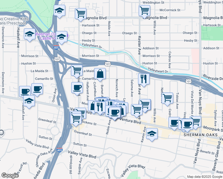 map of restaurants, bars, coffee shops, grocery stores, and more near 4729 Norwich Avenue in Los Angeles