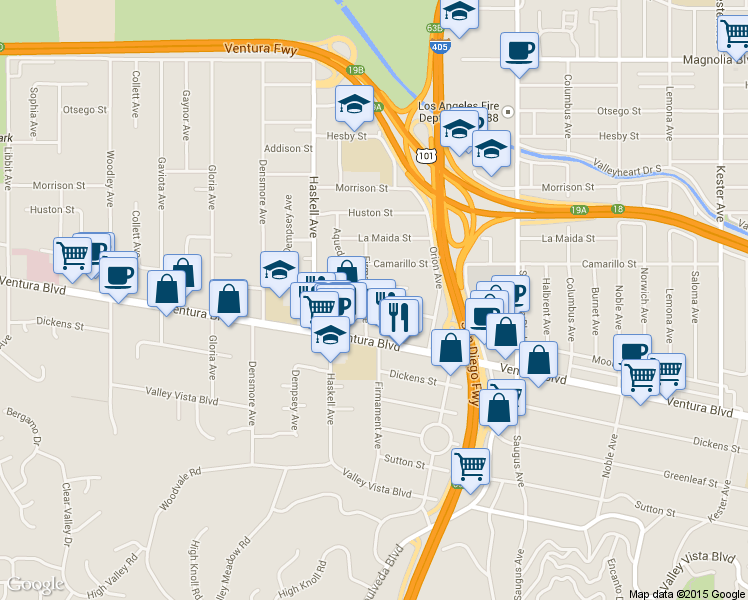 map of restaurants, bars, coffee shops, grocery stores, and more near 4711 Firmament Avenue in Los Angeles