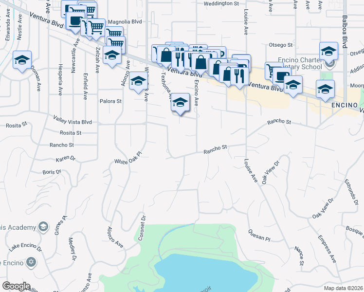 map of restaurants, bars, coffee shops, grocery stores, and more near 17524 Corinthian Drive in Los Angeles