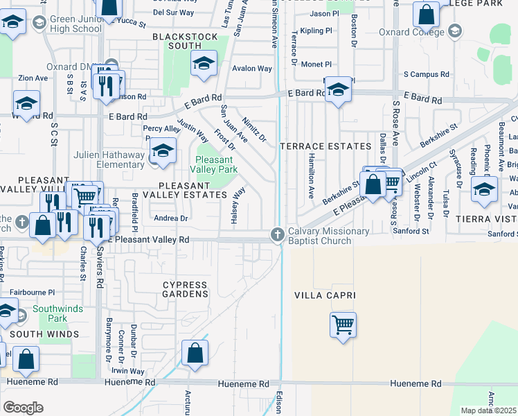map of restaurants, bars, coffee shops, grocery stores, and more near 4900 Justin Way in Oxnard