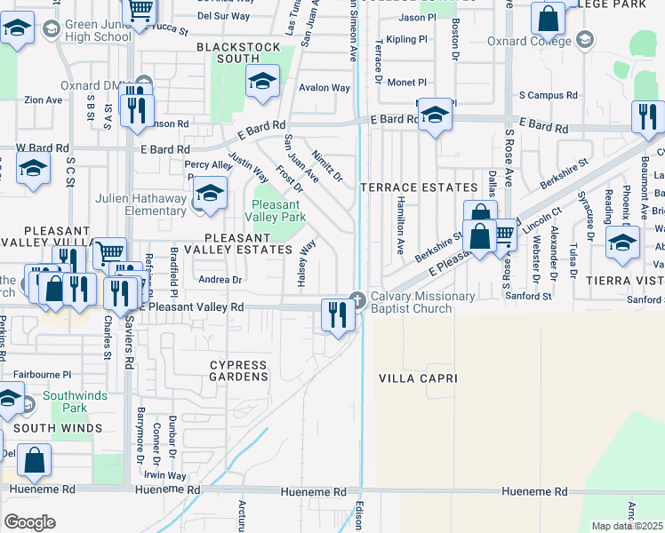 map of restaurants, bars, coffee shops, grocery stores, and more near 4900 Justin Way in Oxnard