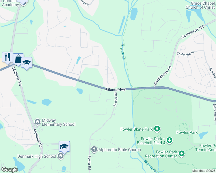 map of restaurants, bars, coffee shops, grocery stores, and more near 4585 Flycatcher Drive in Alpharetta