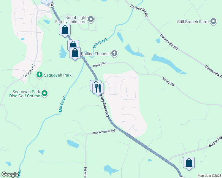 map of restaurants, bars, coffee shops, grocery stores, and more near 111 Village Parkway in Woodstock
