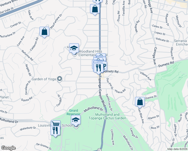 map of restaurants, bars, coffee shops, grocery stores, and more near 22018 Dumetz Road in Los Angeles