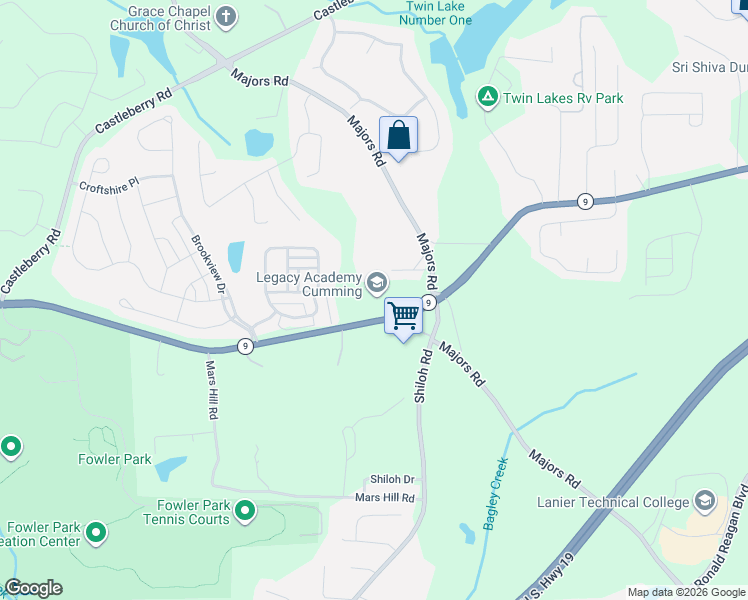 map of restaurants, bars, coffee shops, grocery stores, and more near 7218 Atlanta Highway in Cumming
