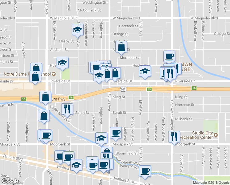 map of restaurants, bars, coffee shops, grocery stores, and more near 4717 Longridge Avenue in Los Angeles