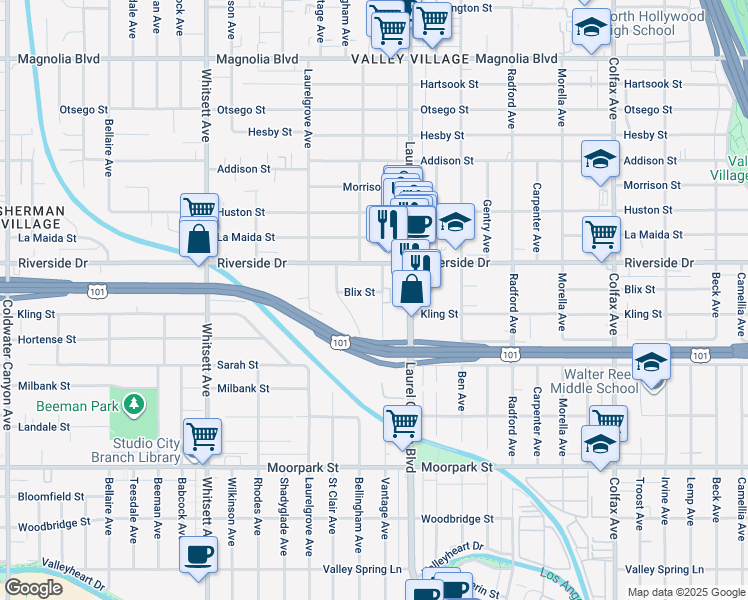 map of restaurants, bars, coffee shops, grocery stores, and more near 12144 Blix Street in Los Angeles