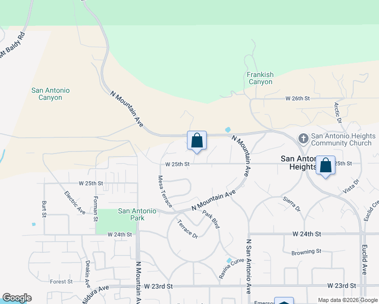 map of restaurants, bars, coffee shops, grocery stores, and more near 2507 Spring Terrace in Upland
