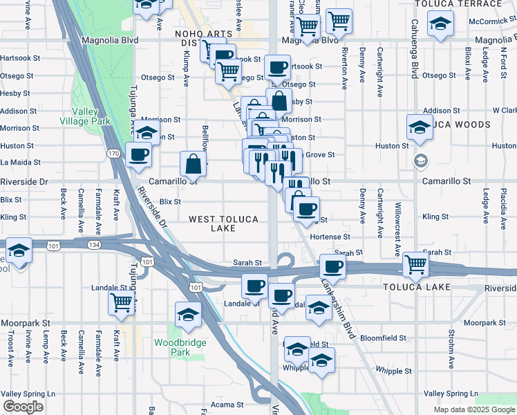 map of restaurants, bars, coffee shops, grocery stores, and more near 1014 Blix Street in Los Angeles
