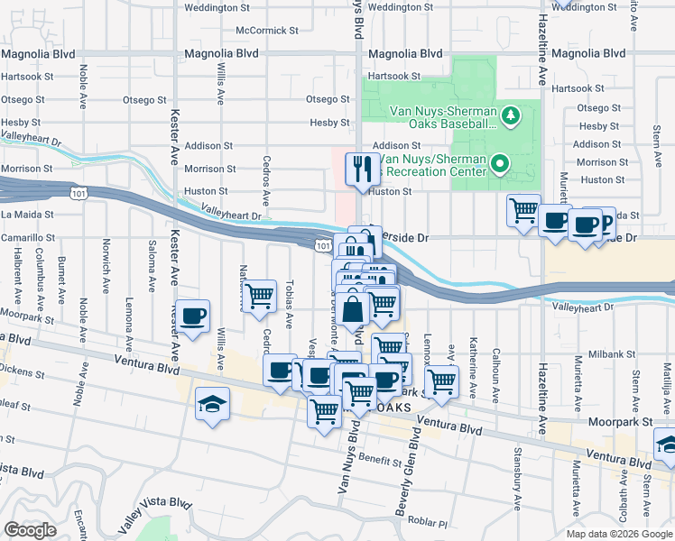 map of restaurants, bars, coffee shops, grocery stores, and more near 4717 Van Nuys Boulevard in Los Angeles