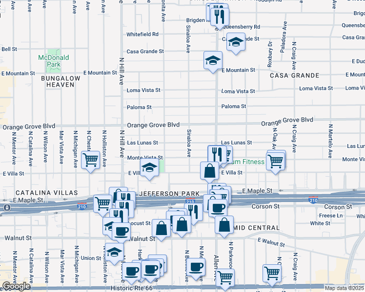 map of restaurants, bars, coffee shops, grocery stores, and more near 1660 Las Lunas Street in Pasadena