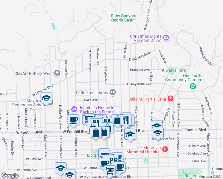 map of restaurants, bars, coffee shops, grocery stores, and more near 259 North Encinitas Avenue in Monrovia