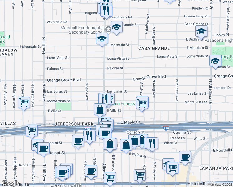 map of restaurants, bars, coffee shops, grocery stores, and more near 1890 Las Lunas Street in Pasadena