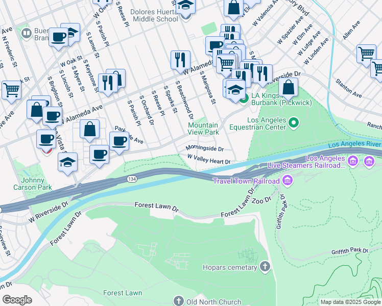 map of restaurants, bars, coffee shops, grocery stores, and more near 1526 Morningside Drive in Burbank