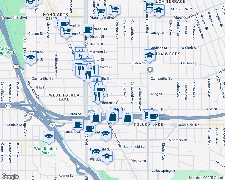 map of restaurants, bars, coffee shops, grocery stores, and more near 10818 Blix Street in Los Angeles