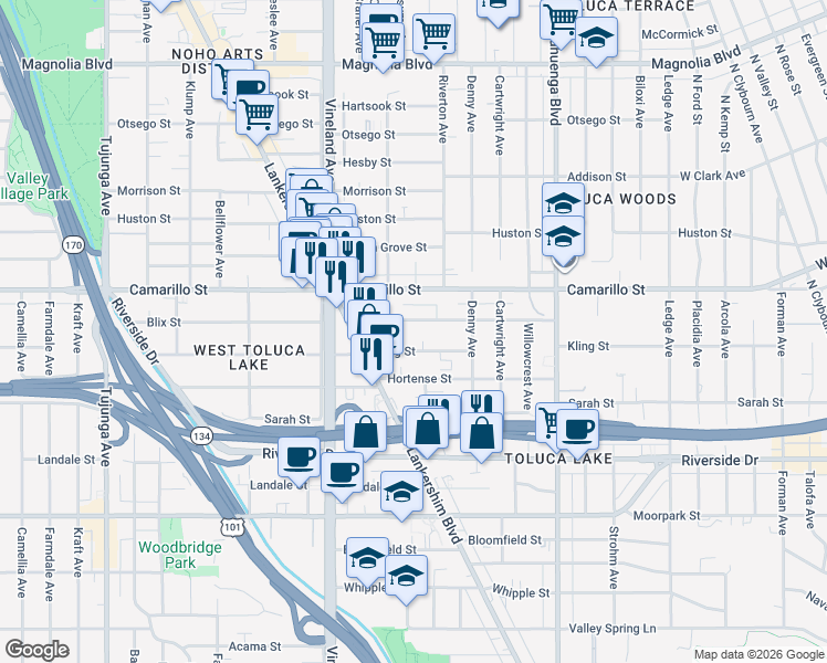map of restaurants, bars, coffee shops, grocery stores, and more near 10834 Blix Street in Los Angeles