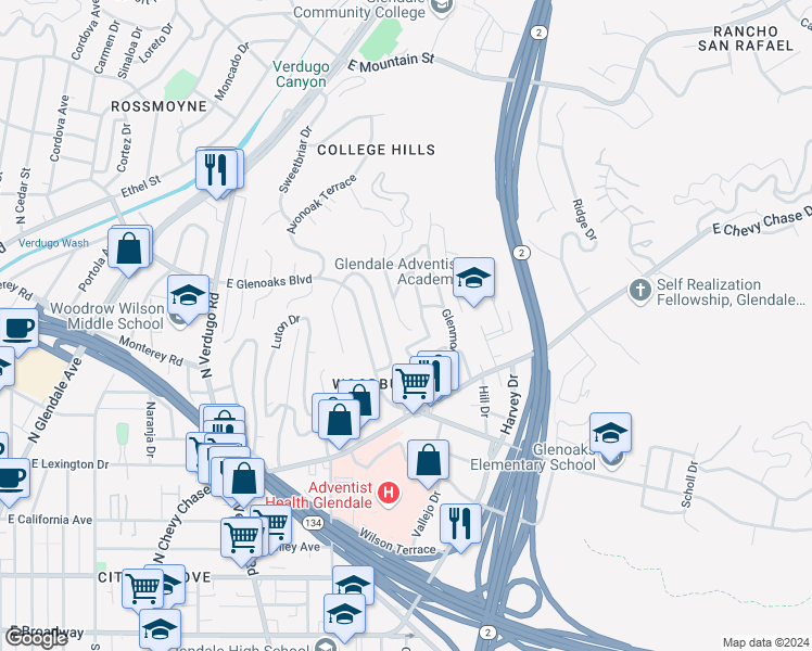 map of restaurants, bars, coffee shops, grocery stores, and more near 688 Glenmore Boulevard in Glendale